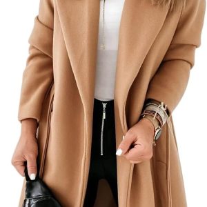 Womens Classic Coat Lapel Collar Open Front Belted Long Jacket